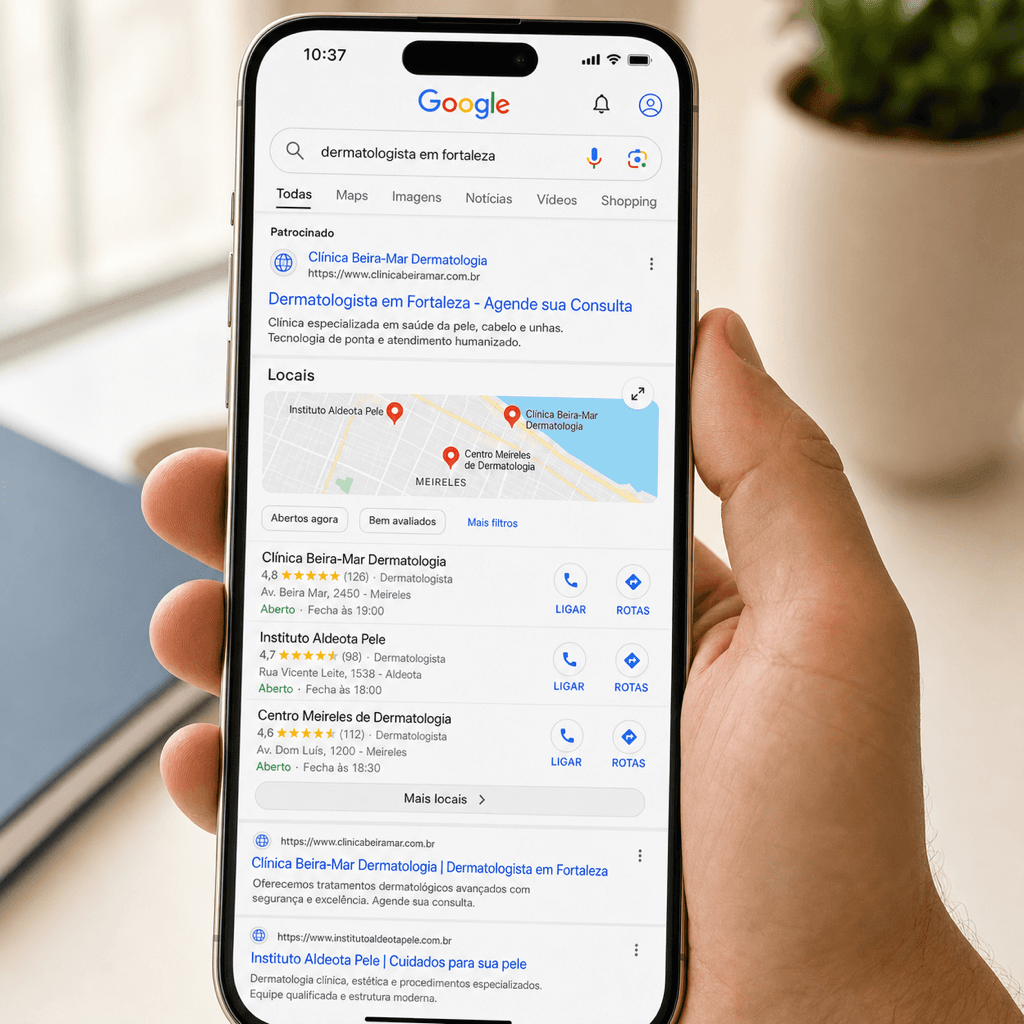 Celular mostrando uma pesquisa no Google por dermatologista em Fortaleza, com anúncio patrocinado, perfil no mapa e resultados de sites.