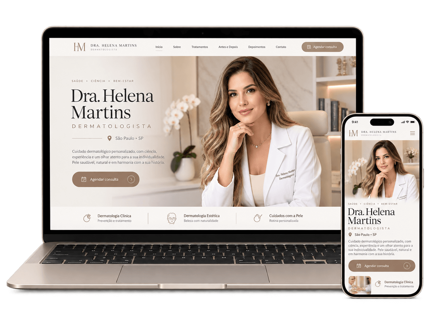 Site de médica aberto no notebook e no celular