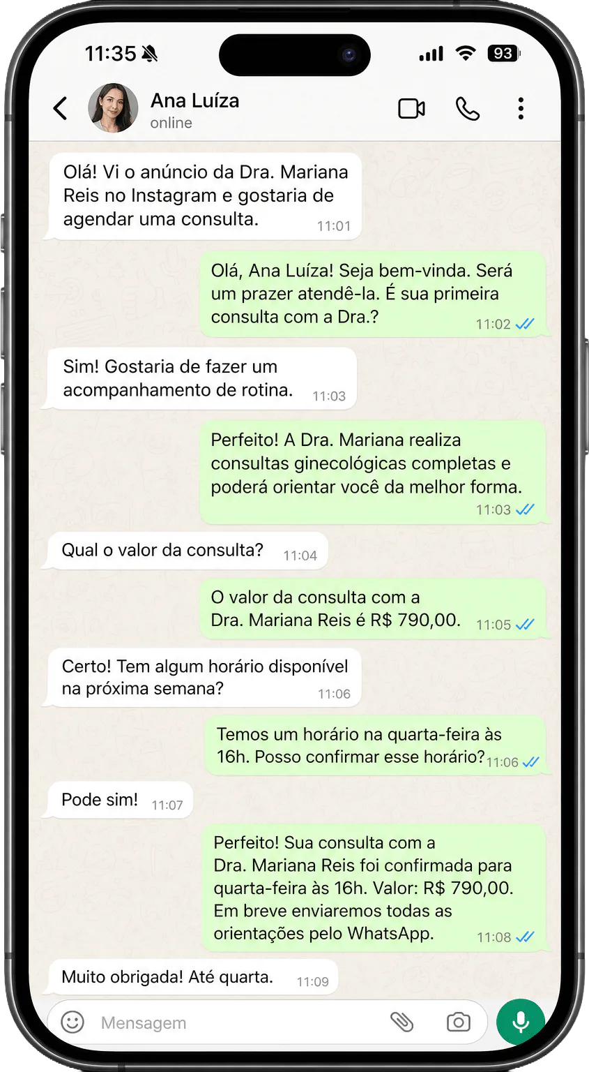 Conversa de WhatsApp em que a secretária confirma a consulta de uma paciente